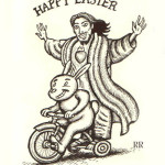 Jesus riding on bike with Easter Bunny