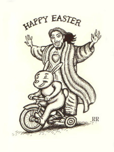 Jesus riding on bike with Easter Bunny